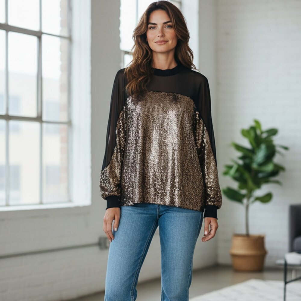 Nine West Women's Black Gold Sequins Knit Sheer Mesh Long Sleeve Top Size L - Picture 2 of 10